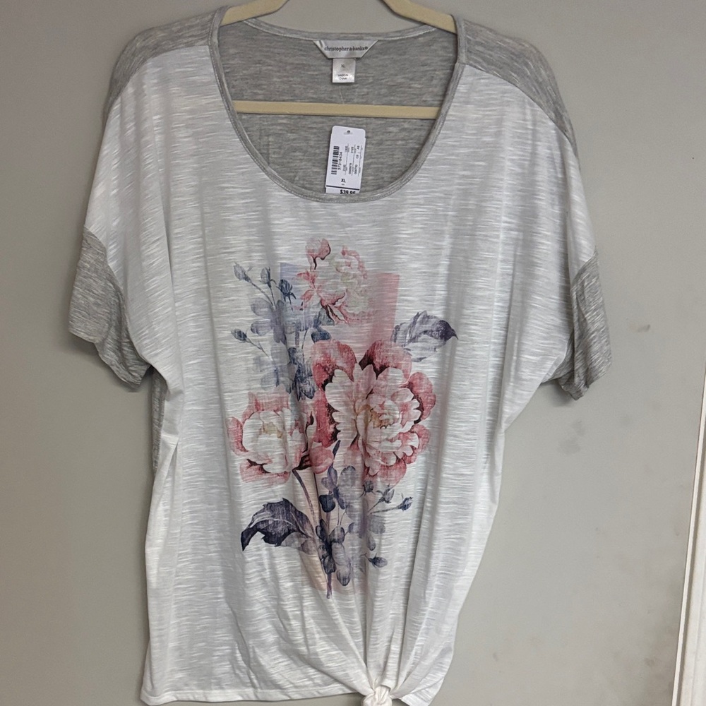 NWT Christopher Banks Gray and White Floral Short Sleeve Top